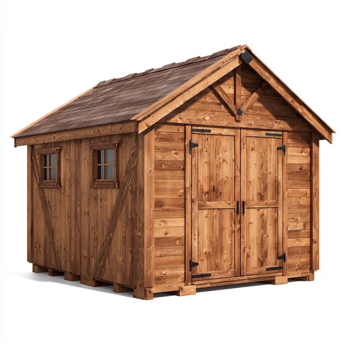 Casetta da giardino in abete massello marrone rettangolare 300 x 240 x 260 cm con doppia porta e finestre