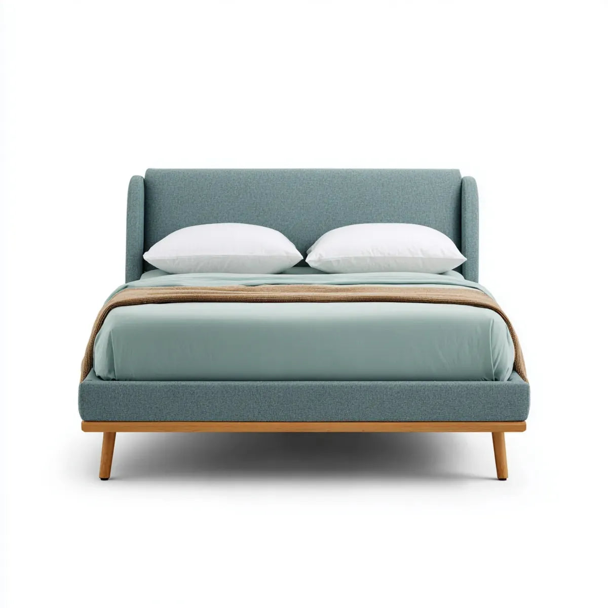Letto matrimoniale imbottito verde salvia 160 x 200 cm in poliestere e legno massello rettangolare